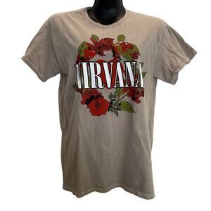 Nirvana Tan Floral Distressed T-Shirt - Medium